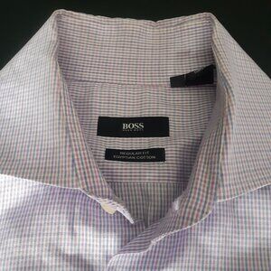 BOSS Hugo Boss SZ 16 Reg Men's Button Up Shirt Red & Blue Check Egyptian Cotton